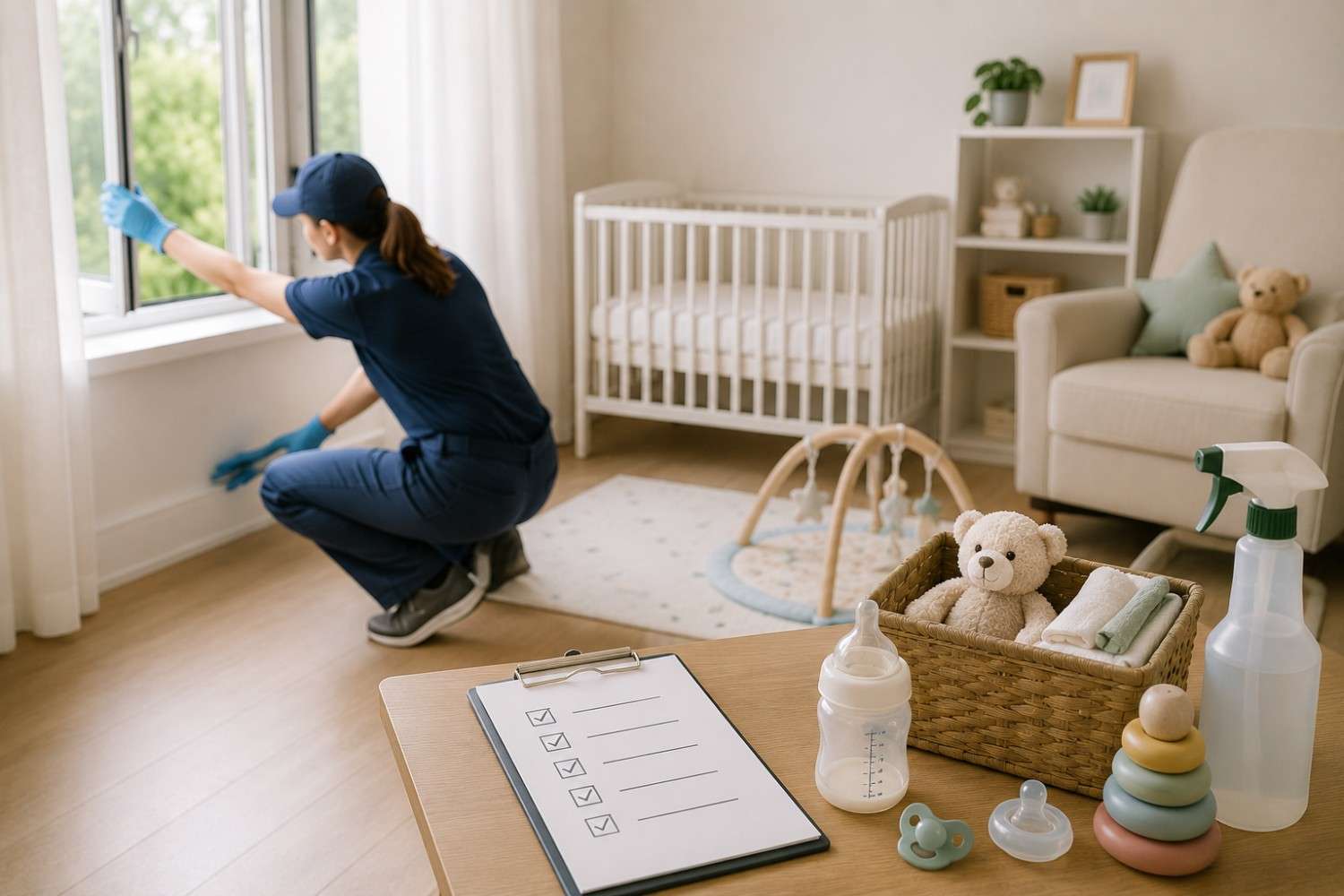 Baby playing safely at home after pest control treatment